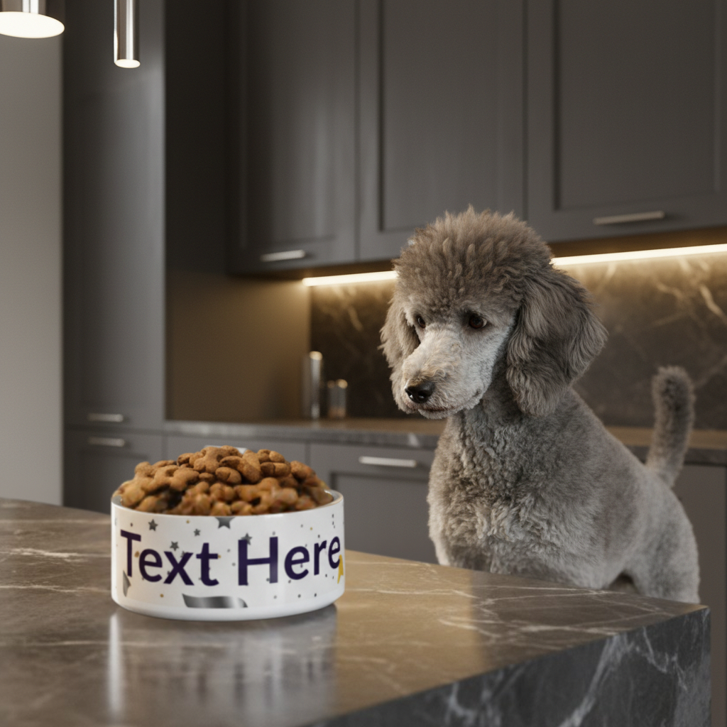 Personalized dog bowl with custom text design, filled with kibble beside a gray poodle in a modern luxury kitchen by Uncommon Canine Couture Co.