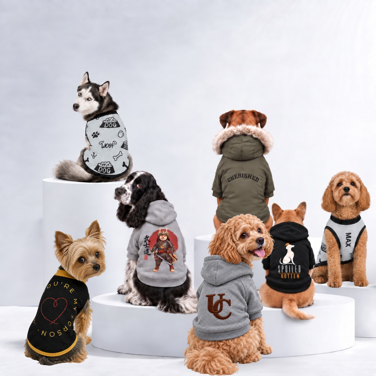 Various dogs different sizes wearing fall and winter apparel; hoodies, and personalized sweaters,and a parka, featured in a white studio setting.