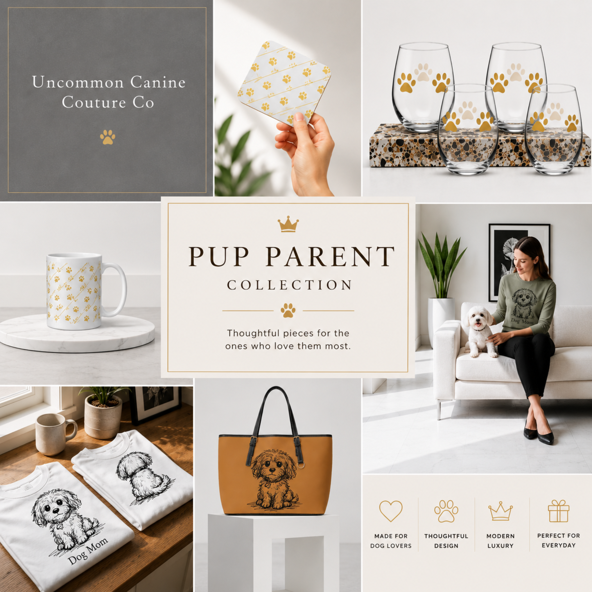 Pup Parent Collection collage featuring luxury dog lover gifts, including mugs, glassware, tote bag, apparel, and dog accessories by Uncommon Canine Couture Co.