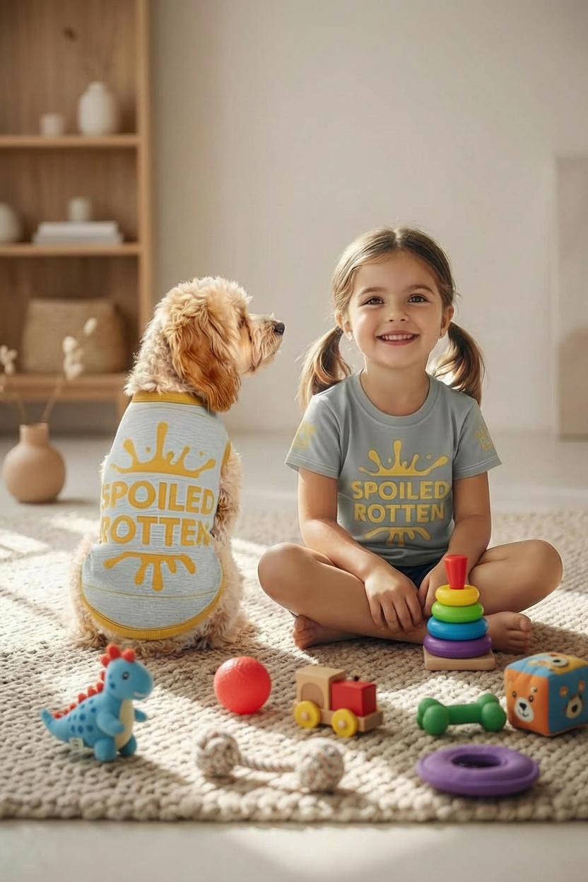 personalized dog sweater and kids' t-shirt all over print matching set the says spoiled rotten.