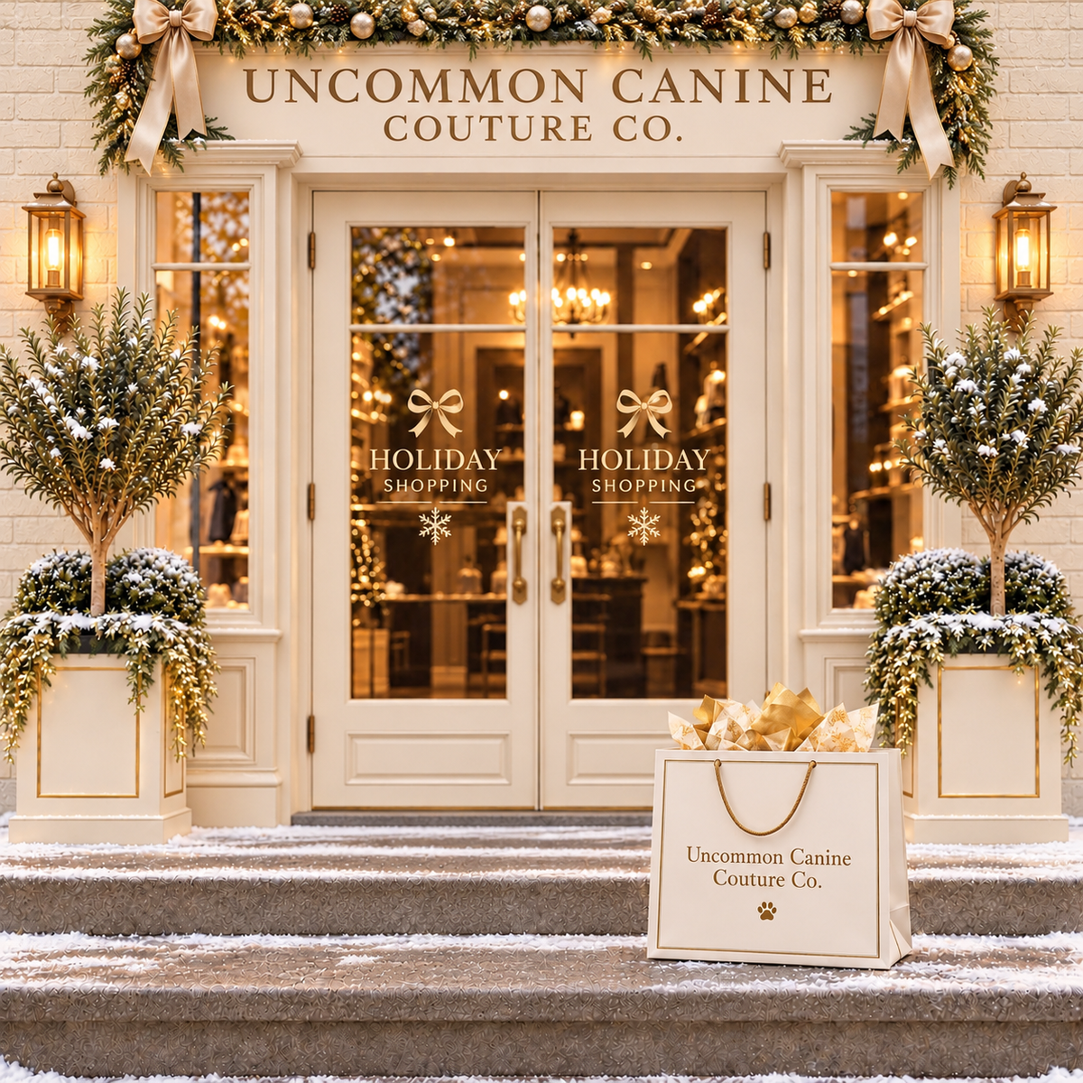 Elegant Uncommon Canine Couture Co. holiday boutique storefront decorated with Christmas garlands, warm golden lights, featuring ‘Holiday Gift Shopping’.