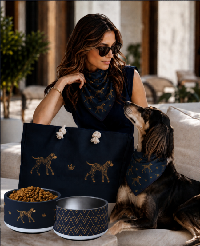 Luxury set matching stainless steel dog bowls, extra-large tote, and matching pup and pup parent bandanas. The Uncommon Luxe and Classic Collection by Uncommon Canine Couture Co. 