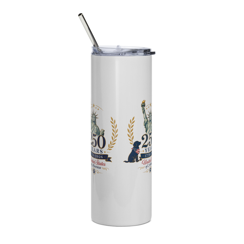     White 250 Years USA stainless steel tumbler with patriotic Statue of Liberty design shown from back angle.
