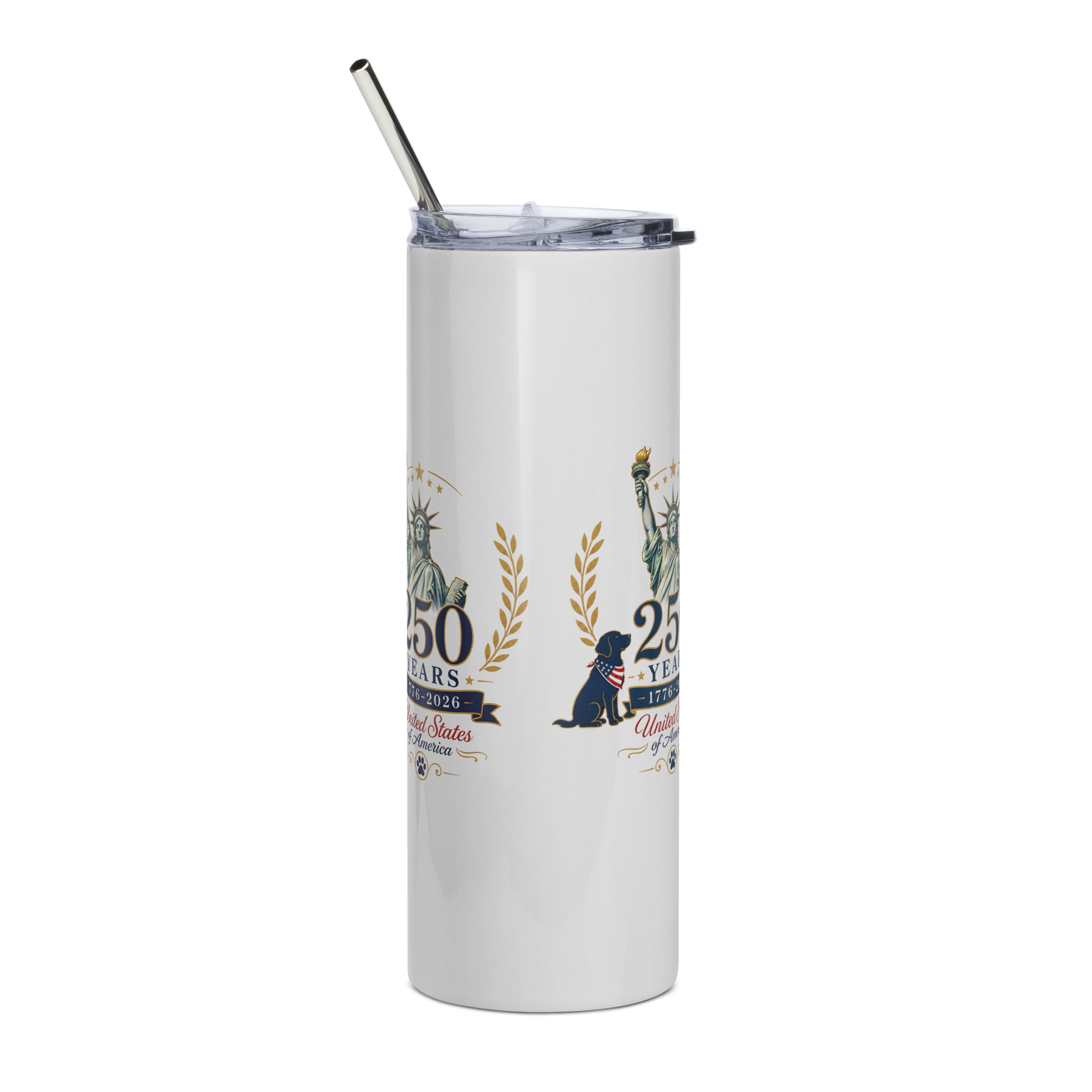    White 250 Years USA stainless steel tumbler with patriotic Statue of Liberty design shown from back angle.
