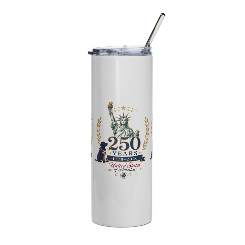     White 250 Years USA stainless steel tumbler with patriotic Statue of Liberty design shown from front angle.
