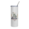     White 250 Years USA stainless steel tumbler with patriotic Statue of Liberty design shown from front angle.