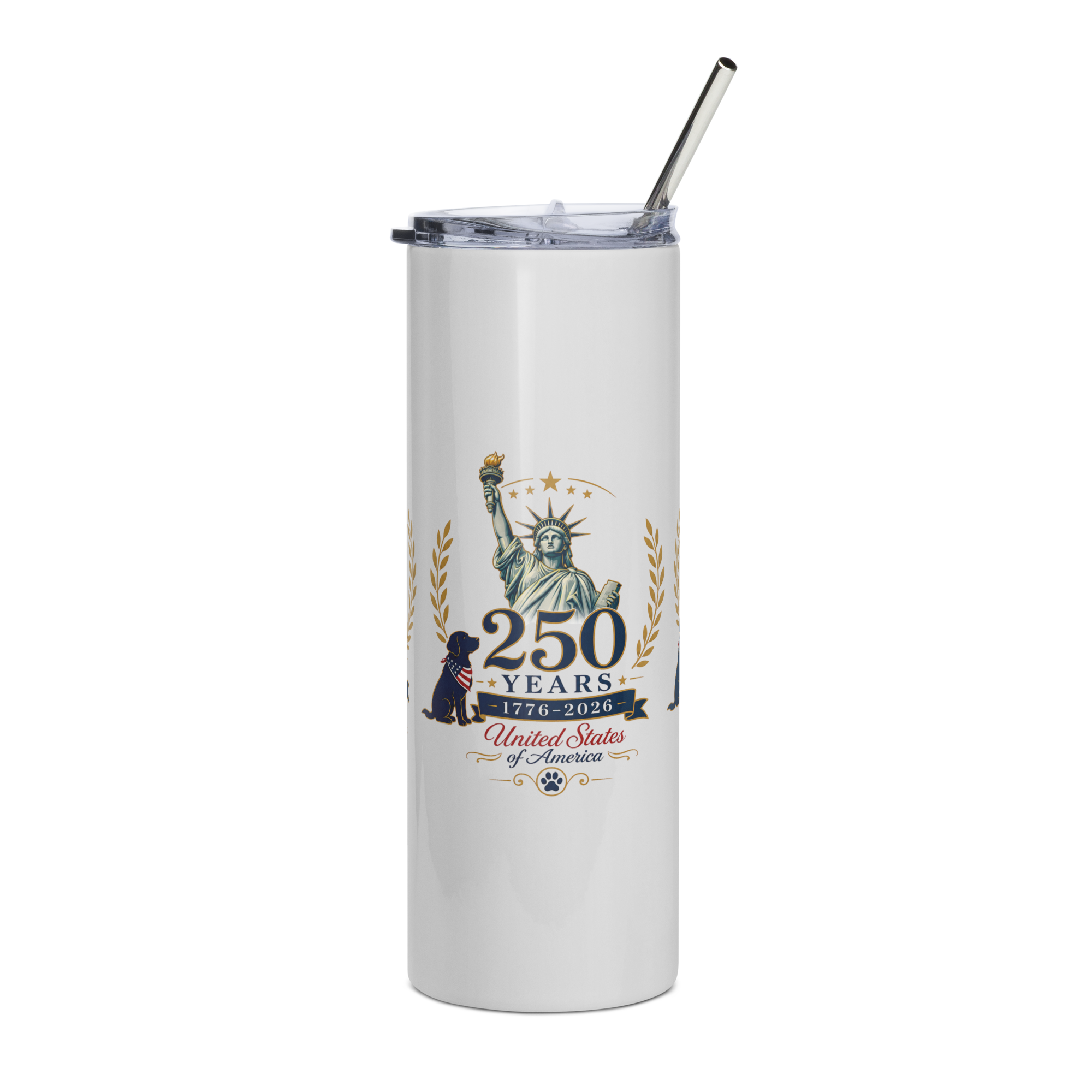     White 250 Years USA stainless steel tumbler with patriotic Statue of Liberty design shown from front angle.