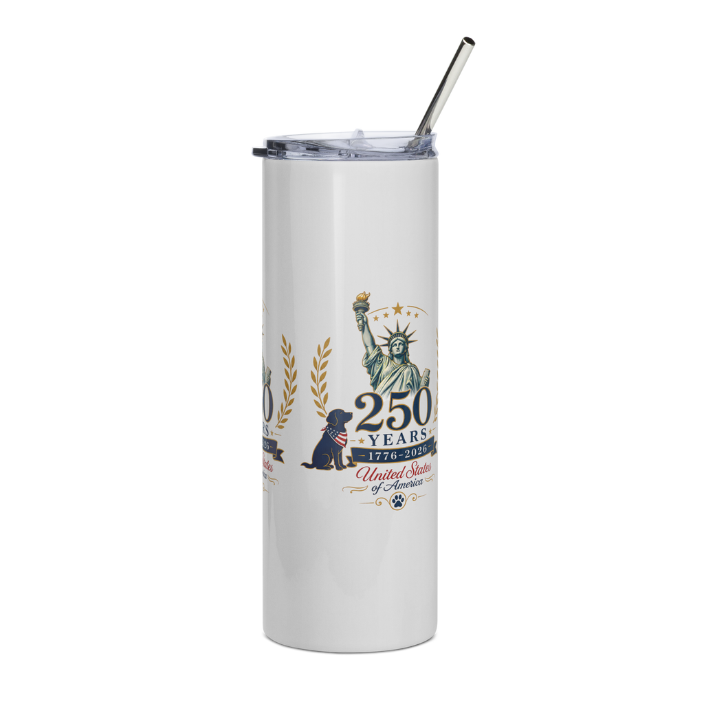     White 250 Years USA stainless steel tumbler with patriotic Statue of Liberty design shown from left side angle.