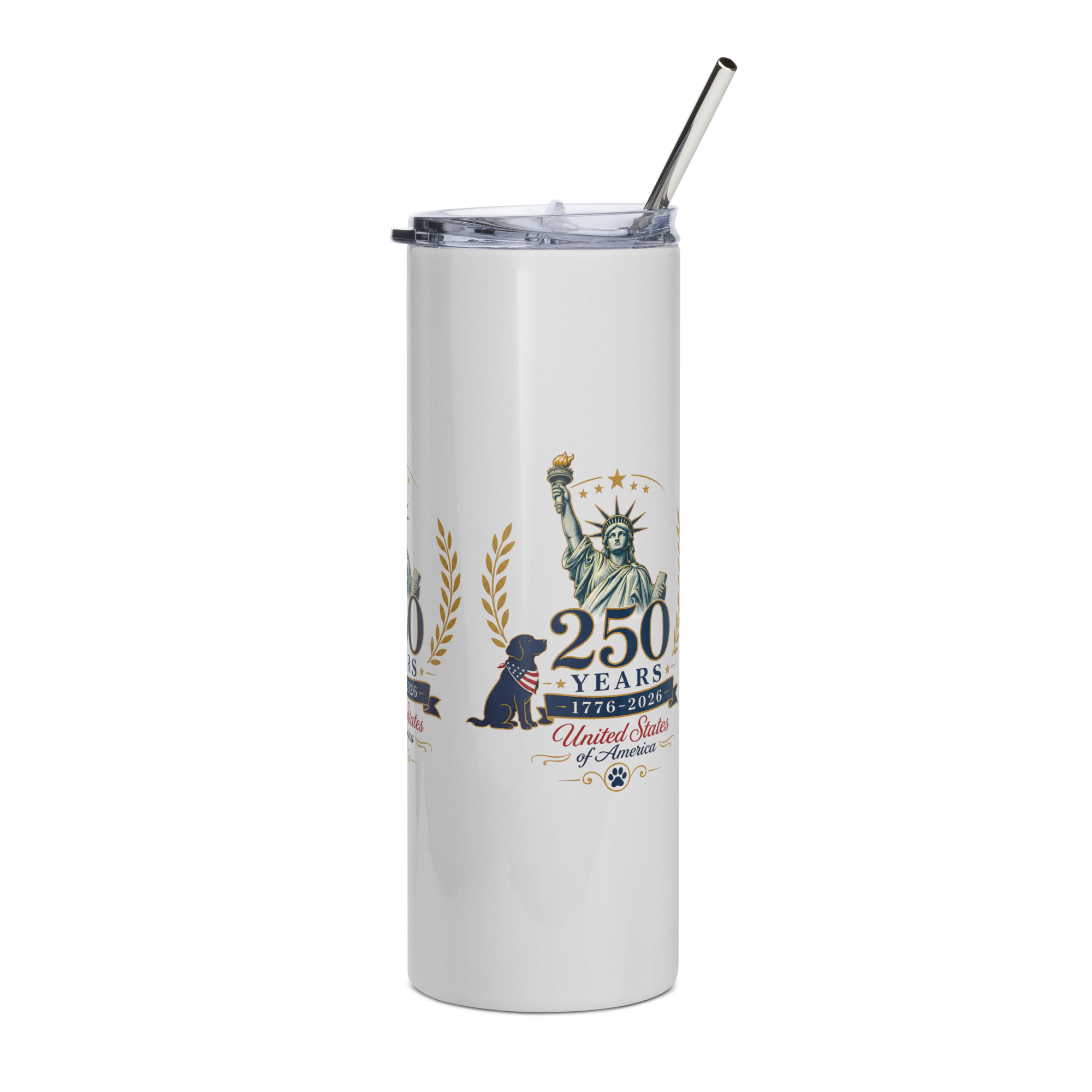     White 250 Years USA stainless steel tumbler with patriotic Statue of Liberty design shown from left side angle.