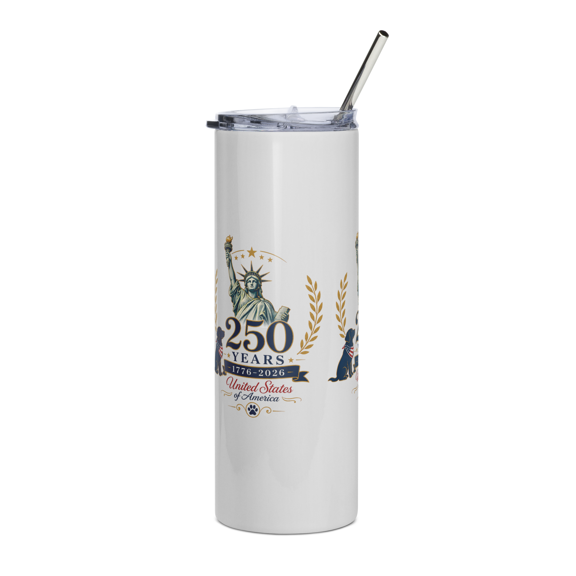     White 250 Years USA stainless steel tumbler with patriotic Statue of Liberty design shown from side right angle.