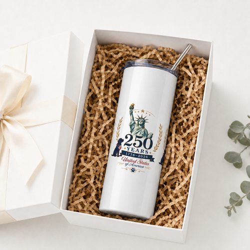     250 Years USA white 20 oz stainless steel tumbler with Statue of Liberty patriotic with dog design, clear lid and metal straw.