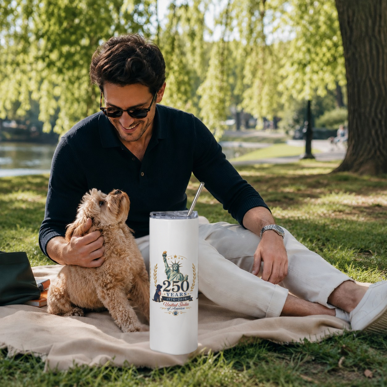     Man relaxing outdoors with dog beside white 250 Years USA stainless steel tumbler.