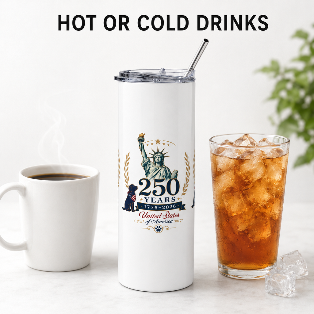     White 250 Years USA stainless steel tumbler shown with hot coffee and iced drink for hot or cold beverages.