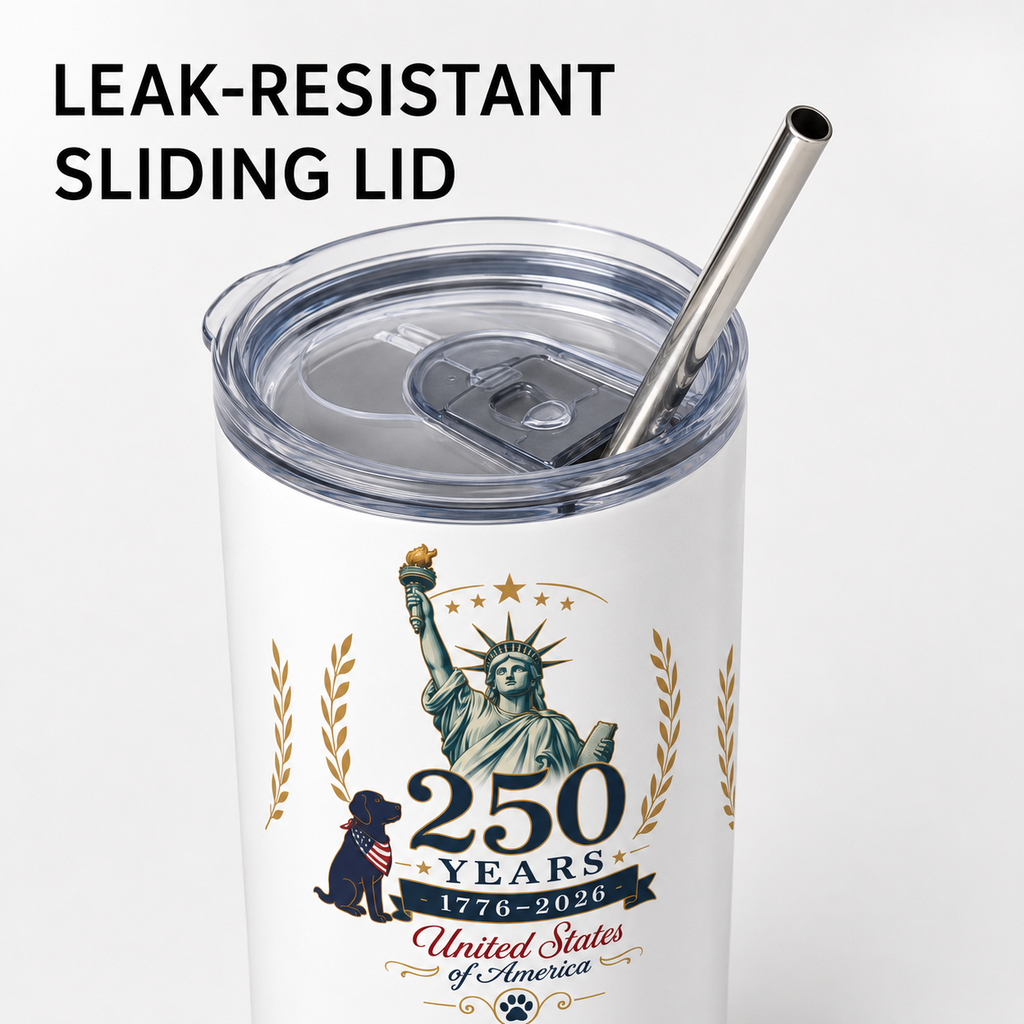     Close-up of clear leak-resistant sliding lid and metal straw on white 250 Years USA tumbler.