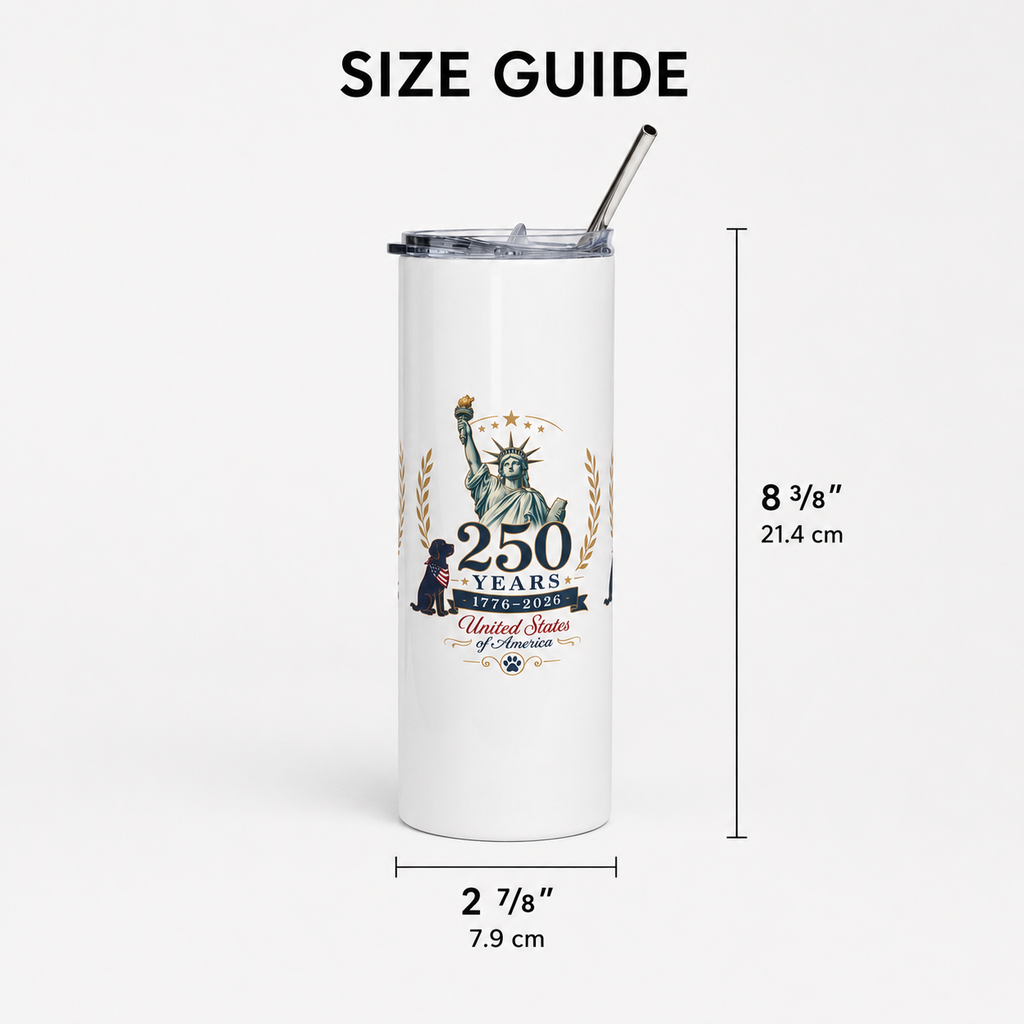     Size guide for white 20 oz stainless steel tumbler measuring 8 3/8 inches tall and 2 7/8 inches wide.