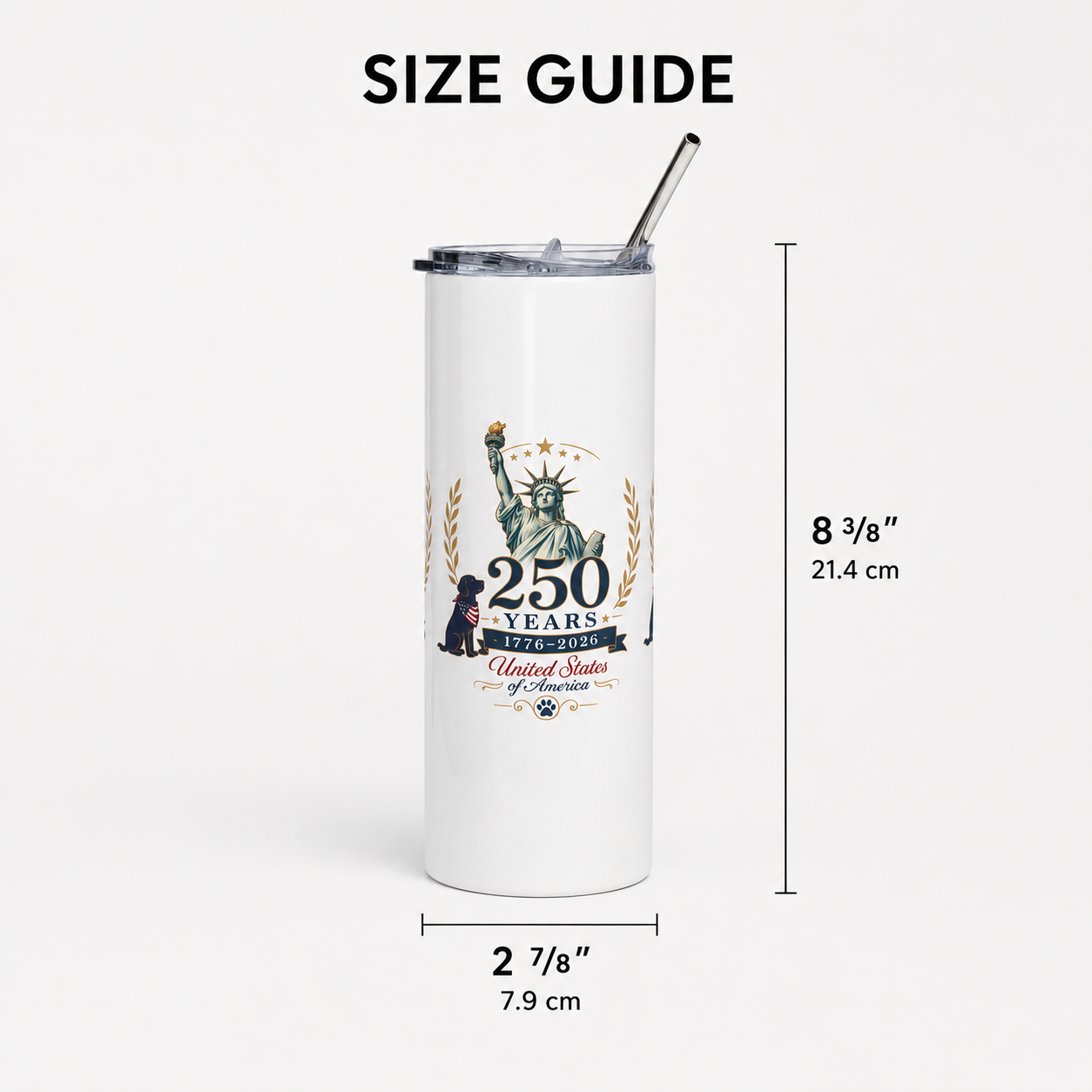     Size guide for white 20 oz stainless steel tumbler measuring 8 3/8 inches tall and 2 7/8 inches wide.
