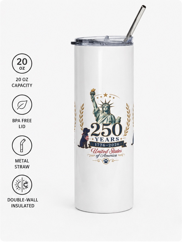     White 20 oz insulated stainless steel tumbler with 250 Years USA design, BPA-free lid, reusable metal straw, and double-wall insulation.