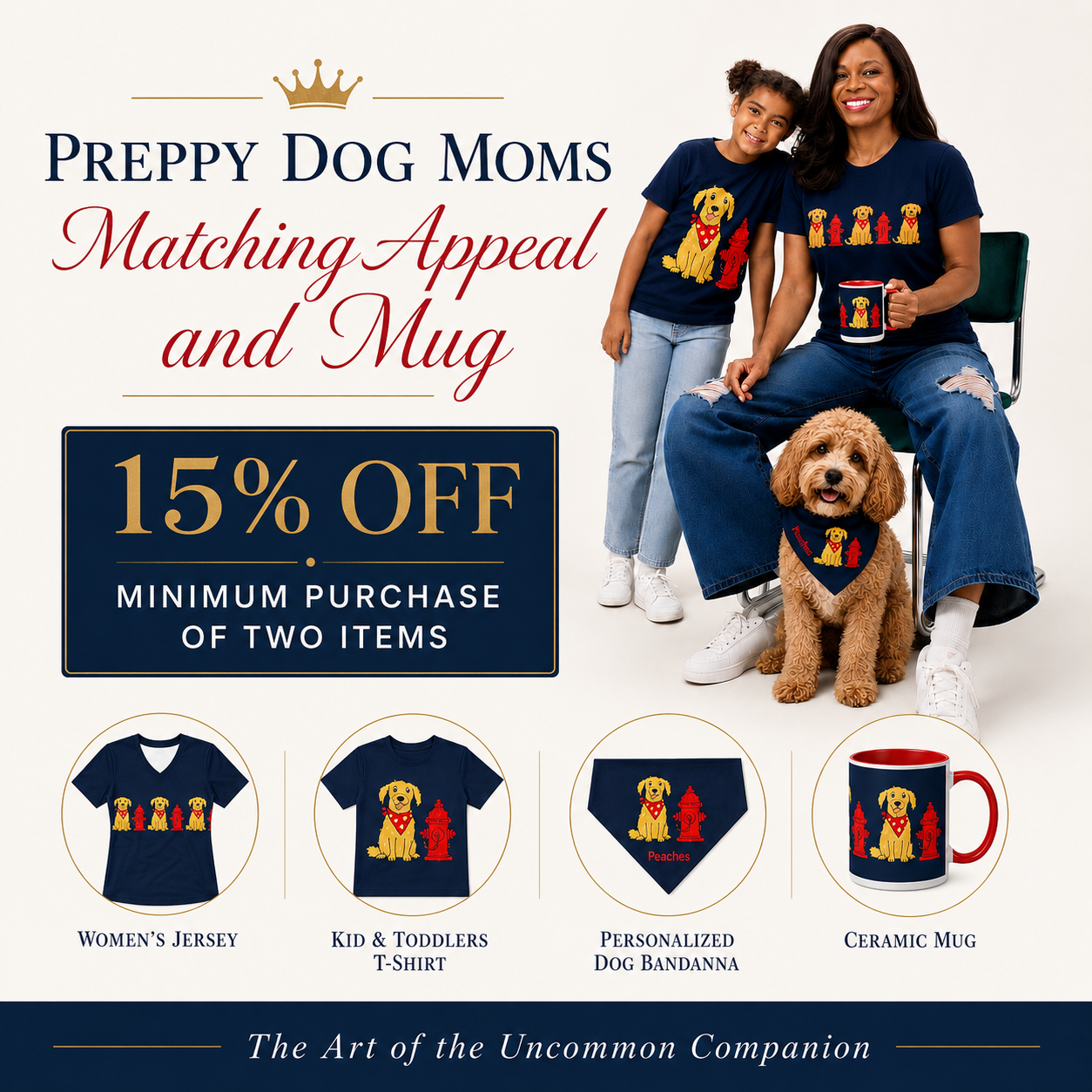 Promo add graphic Fire hydrant t-shirt woman & child wearing matching set with mug & dog collar.