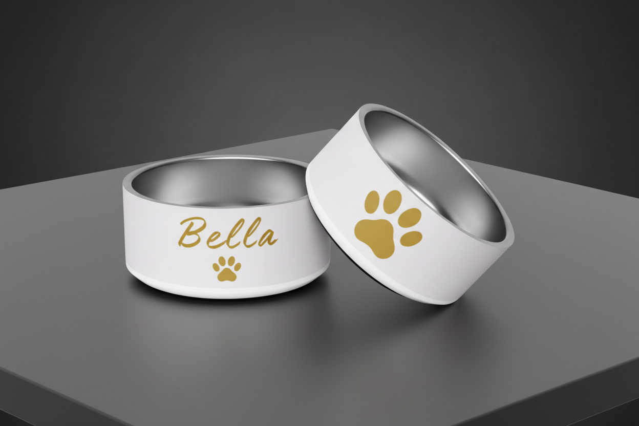 Custom Name Pet Bowl set, Ivory Whisper & Gold,Bella, 18 oz and 32 oz.