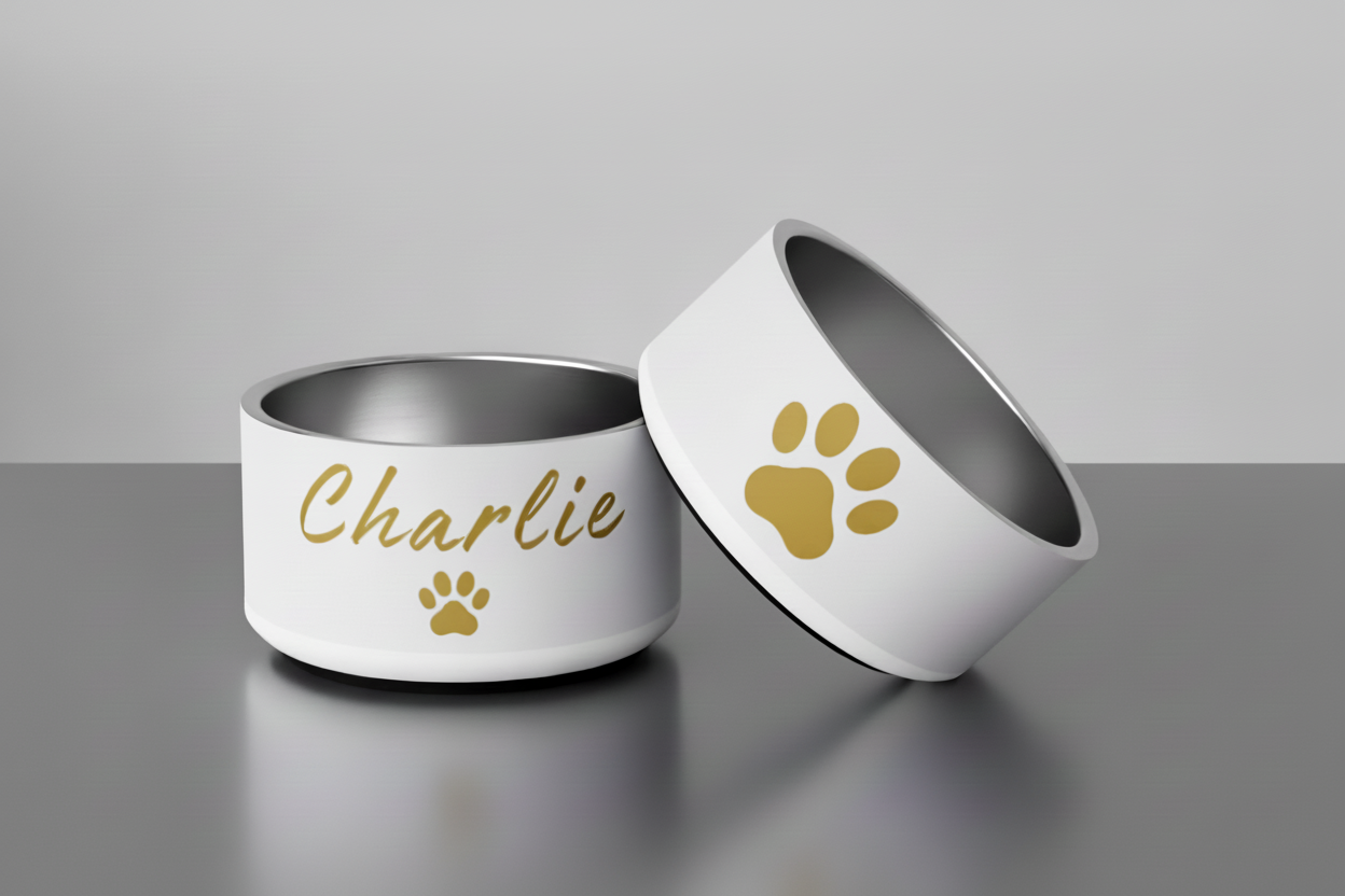 Custom Name Pet Bowl Set, Ivory Whisper & Gold, Charlie,18 oz and 32 oz.