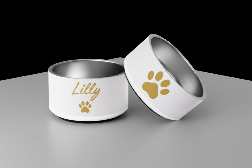 Custom Name Pet Bowl, Ivory Whisper & Gold, Lilly, 18 oz and 32 oz.