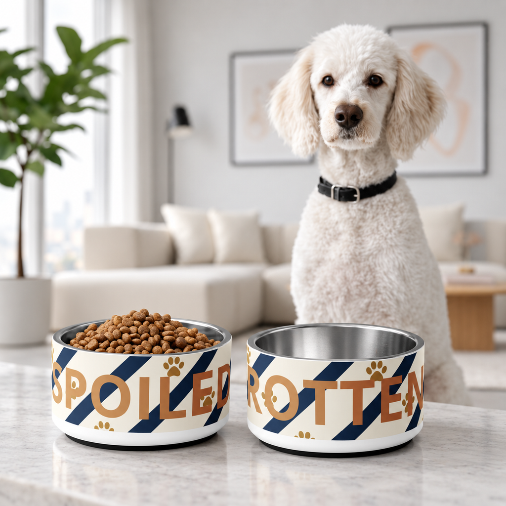 Medium poodle sits a in light cream living room with stainless steel dog bowl set 'Spoiled ' and 'Rotten'