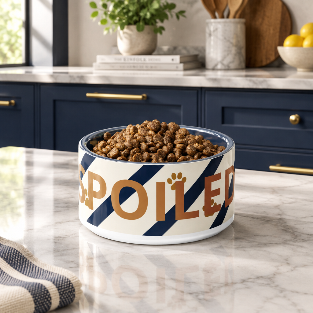 A ivory stainless steel dog bowl with blue strips and paw prints, text with 'Spoiled' in a blue cabinet kitchen.