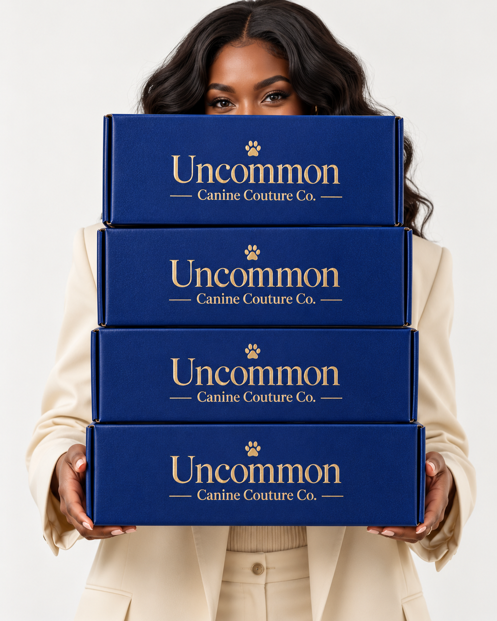 A woman in a beige blazer holds a stack of four blue gift boxes branded 'Uncommon Canine Couture Co.' against a clean white background.