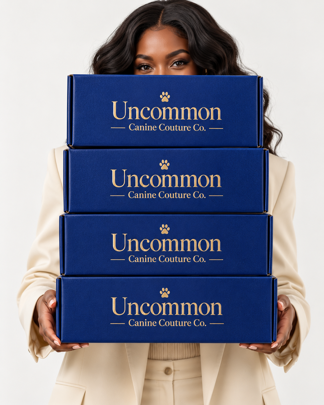 A woman in a beige blazer holds a stack of four blue gift boxes branded 'Uncommon Canine Couture Co.' against a clean white background.