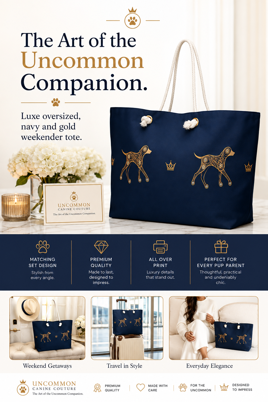 Luxe Weekender Tote, Dog illustration- Crown, Navy & Gold Extra Large
