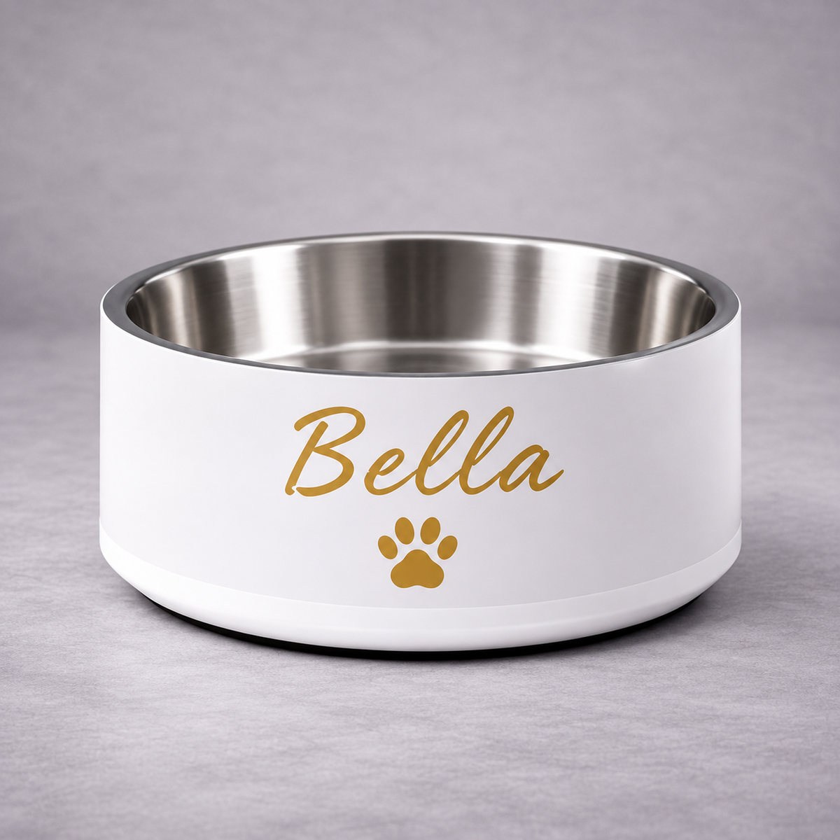 Bella Engraved Stainless Steel Dog Bowl, Ivory Whisper and Gold,18 oz and 32 oz.