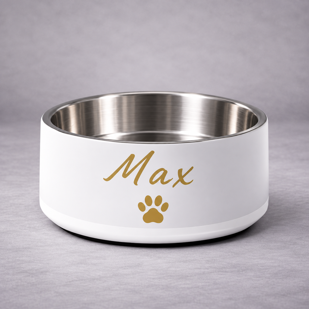 Max Engraved Stainless Steel Dog Bowl, Ivory Whisper and Gold,18 oz and 32 oz.