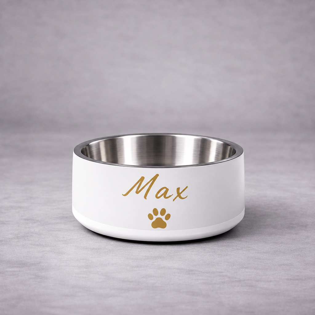 Max Engraved Stainless Steel Dog Bowl, Ivory Whisper and Gold,18 oz and 32 oz.