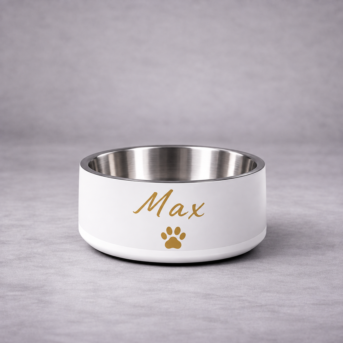 Max Engraved Stainless Steel Dog Bowl, Ivory Whisper and Gold,18 oz and 32 oz.