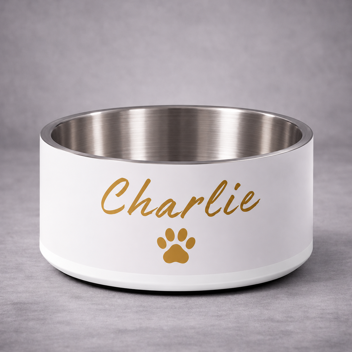Charlie Engraved Stainless Steel Dog Bowl, Ivory Whisper and Gold,18 oz and 32 oz.