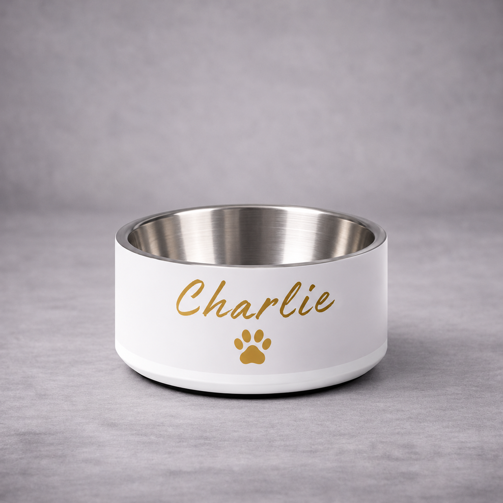 Charlie Engraved Stainless Steel Dog Bowl, Ivory Whisper and Gold,18 oz and 32 oz.