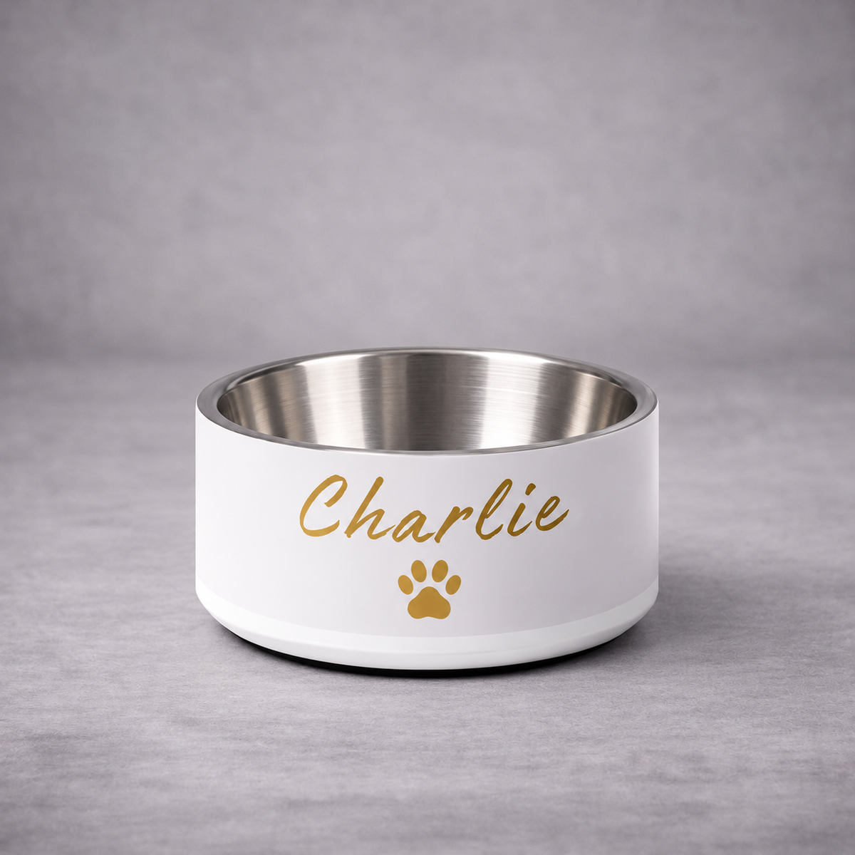 Charlie Engraved Stainless Steel Dog Bowl, Ivory Whisper and Gold,18 oz and 32 oz.