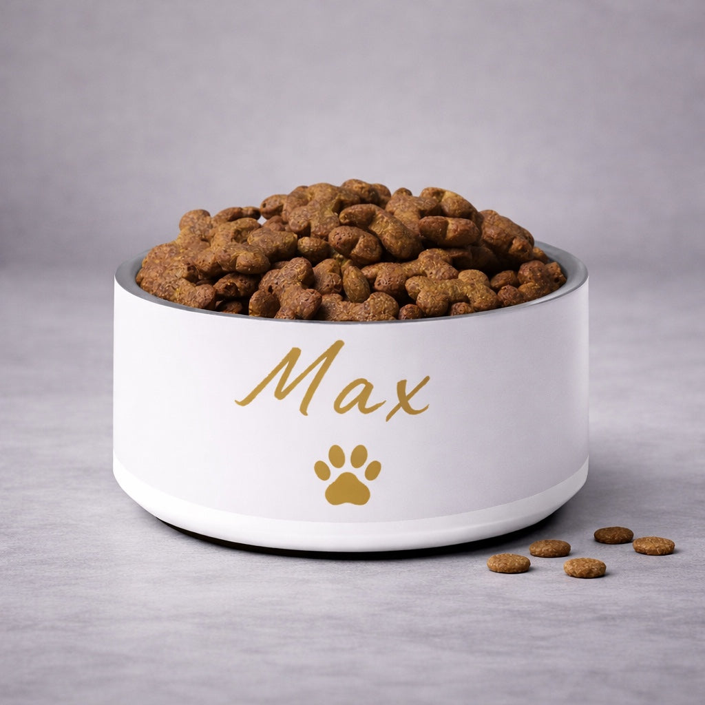 Custom Name Pet Bowl, Ivory Whisper & Gold,Max, 18 oz and 32 oz.