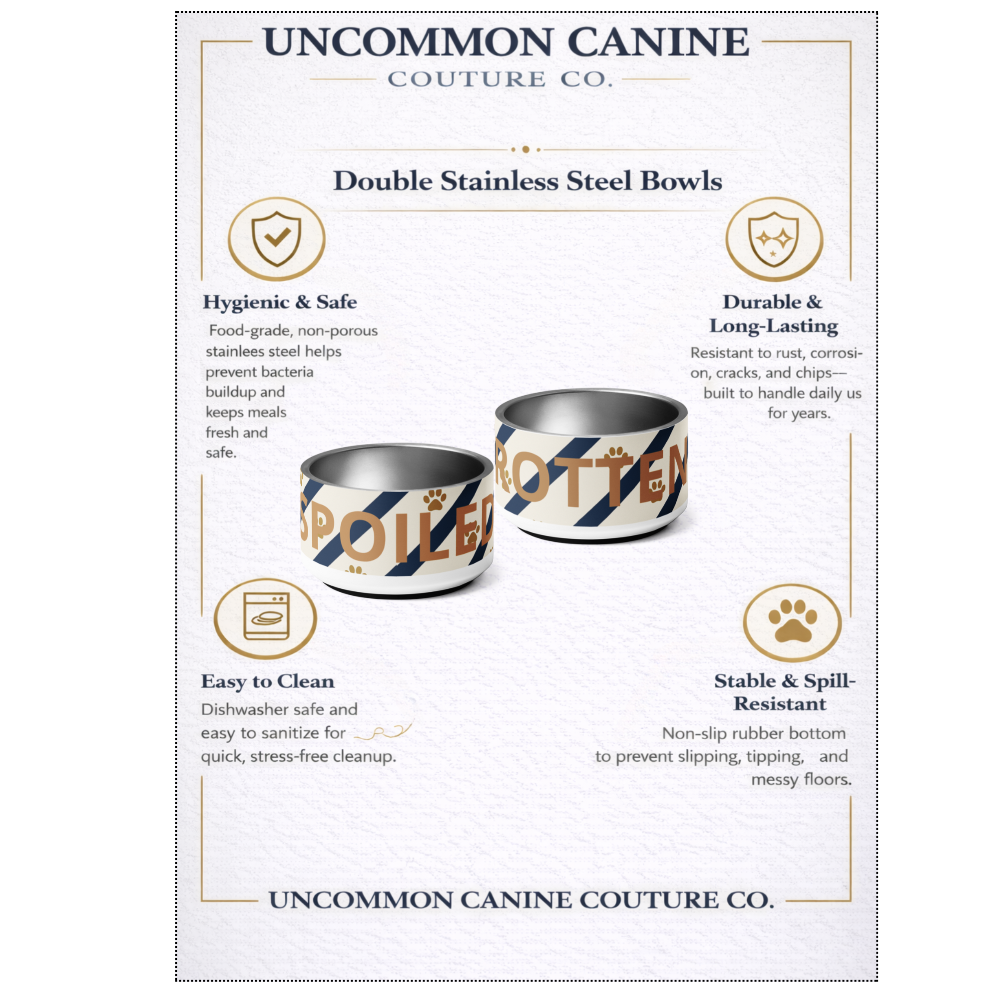 Luxury Dog Bowl Stainless Steel: Blue strips and Paw Prints "Spoiled", 18 oz.