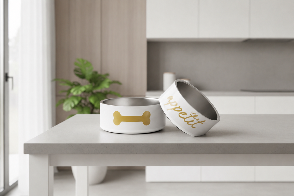 Luxury Stainless Steel Dog Bowl, Modern Ivory Whisper, Appetite,18 oz and 32 oz.