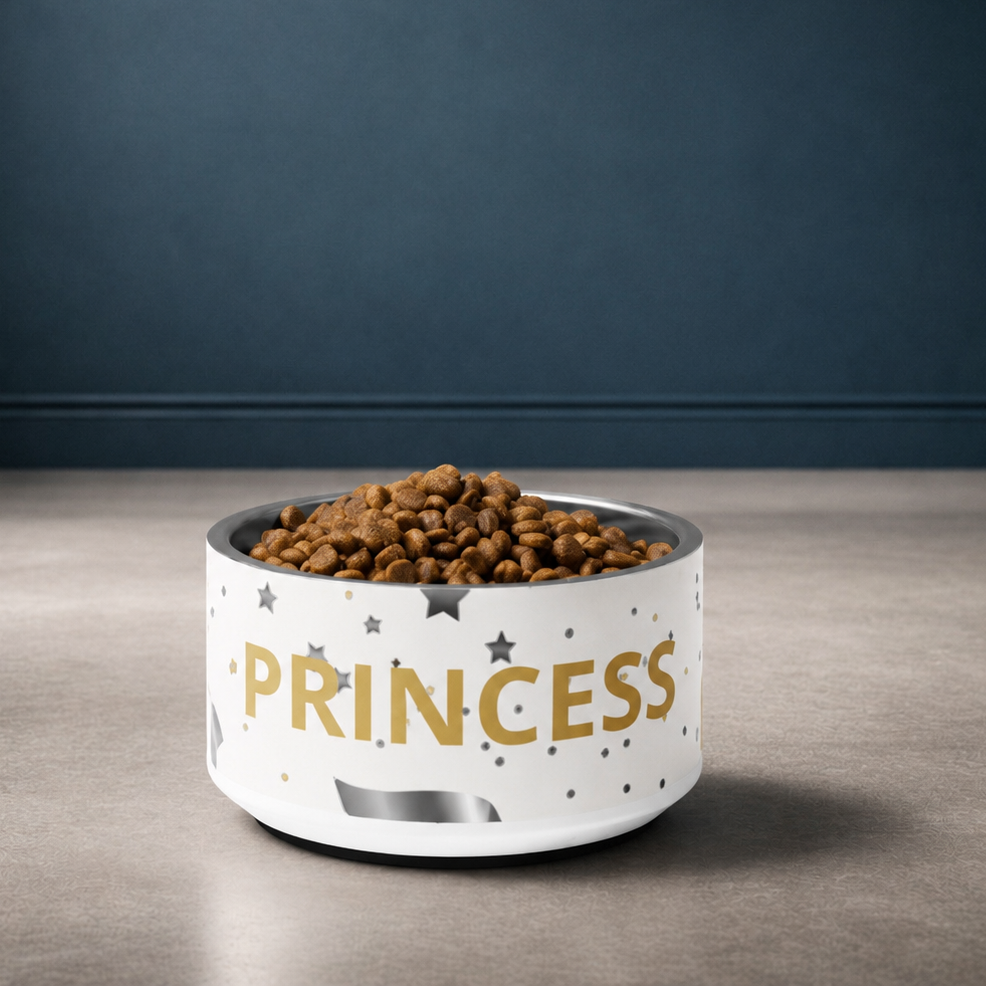 Luxury Stainless Steel Dog Bowl, Modern Pattern, “PRINCESS”, Gold, 18 and 32 oz.