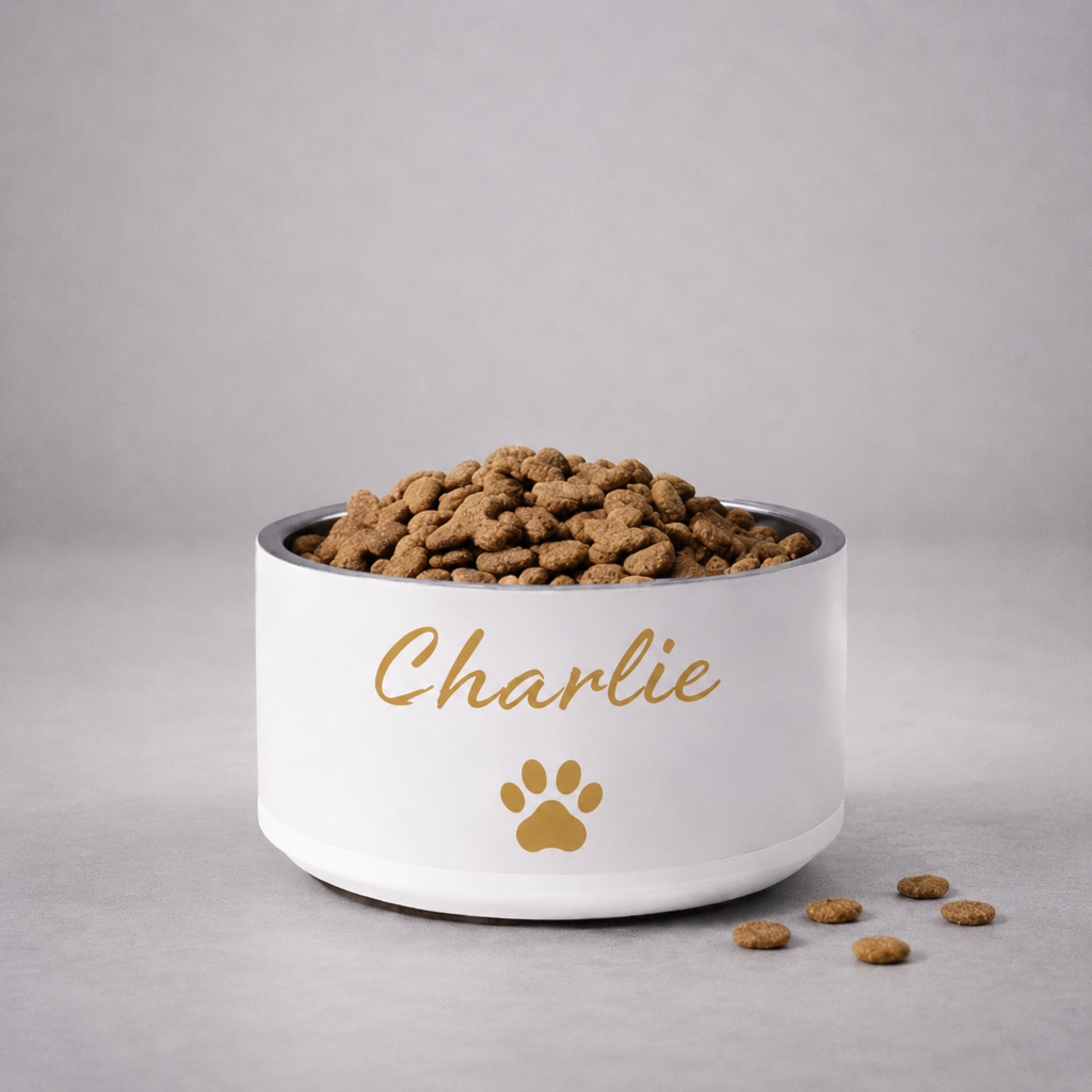 Custom Name Pet Bowl Set, Ivory Whisper & Gold, Charlie,18 oz and 32 oz.