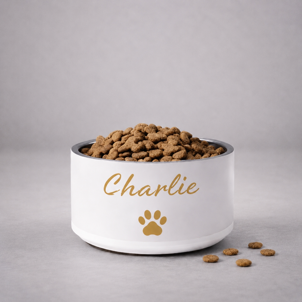 Custom Name Pet Bowl Set, Ivory Whisper & Gold, Charlie,18 oz and 32 oz.