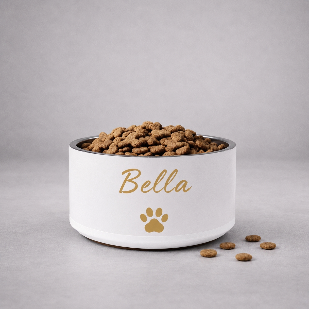 Custom Name Pet Bowl set, Ivory Whisper & Gold,Bella, 18 oz and 32 oz.