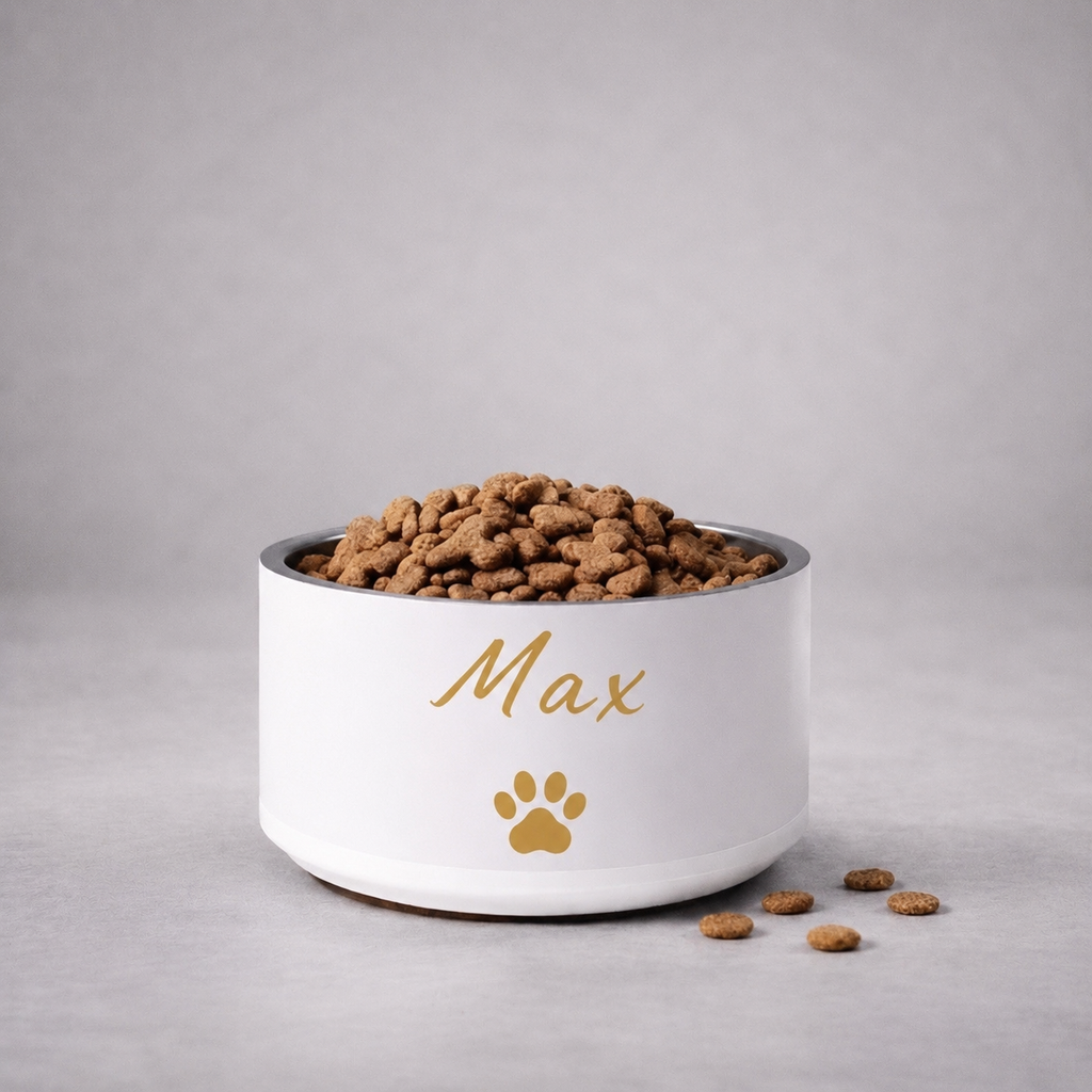 Custom Name Pet Bowl, Ivory Whisper & Gold,Max, 18 oz and 32 oz.