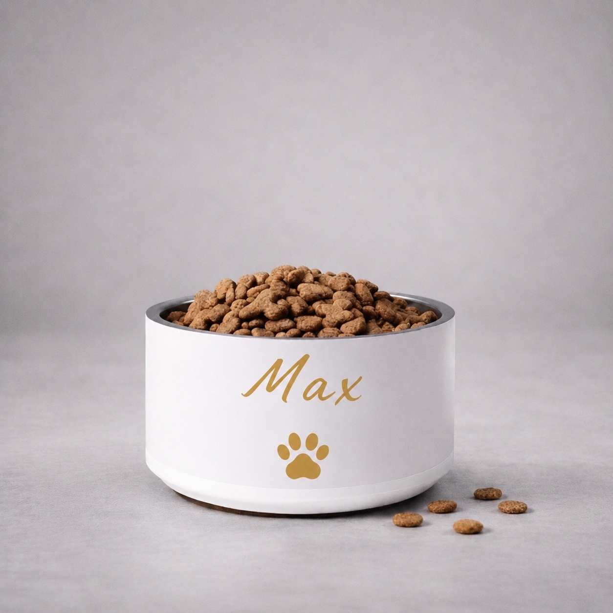 Custom Name Pet Bowl, Ivory Whisper & Gold,Max, 18 oz and 32 oz.