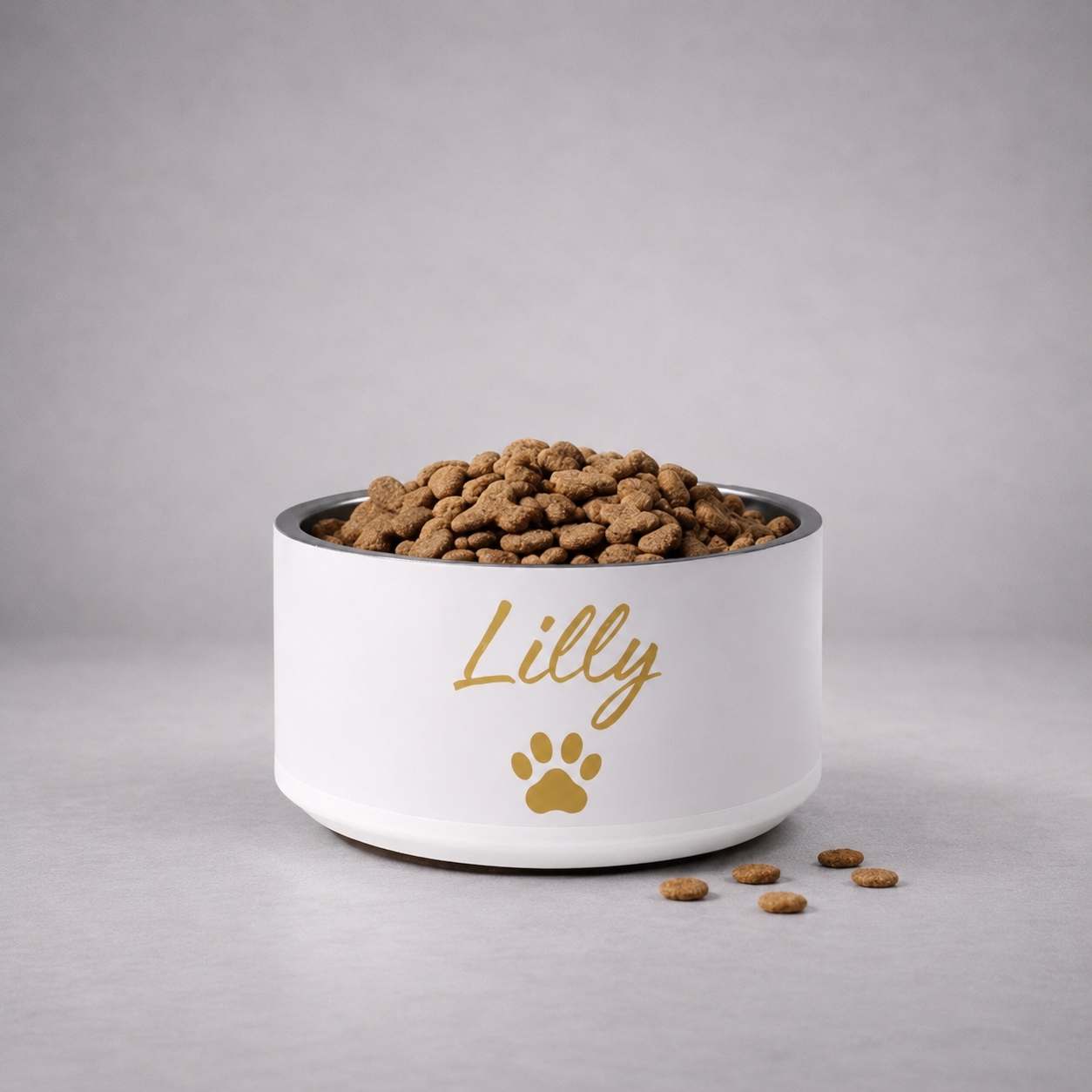 Custom Name Pet Bowl, Ivory Whisper & Gold, Lilly, 18 oz and 32 oz.