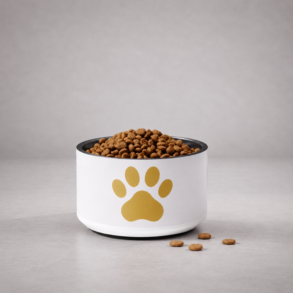 Custom Pet Bowl, Ivory Whisper & Gold, Paw, 18 oz and 32 oz.