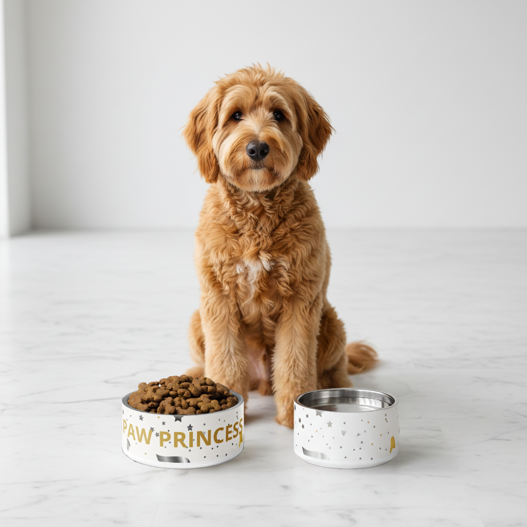 Luxury Stainless Steel Dog Bowl, Modern Pattern, “PAW PRINCESS”, Gold, 18 and 32 oz.