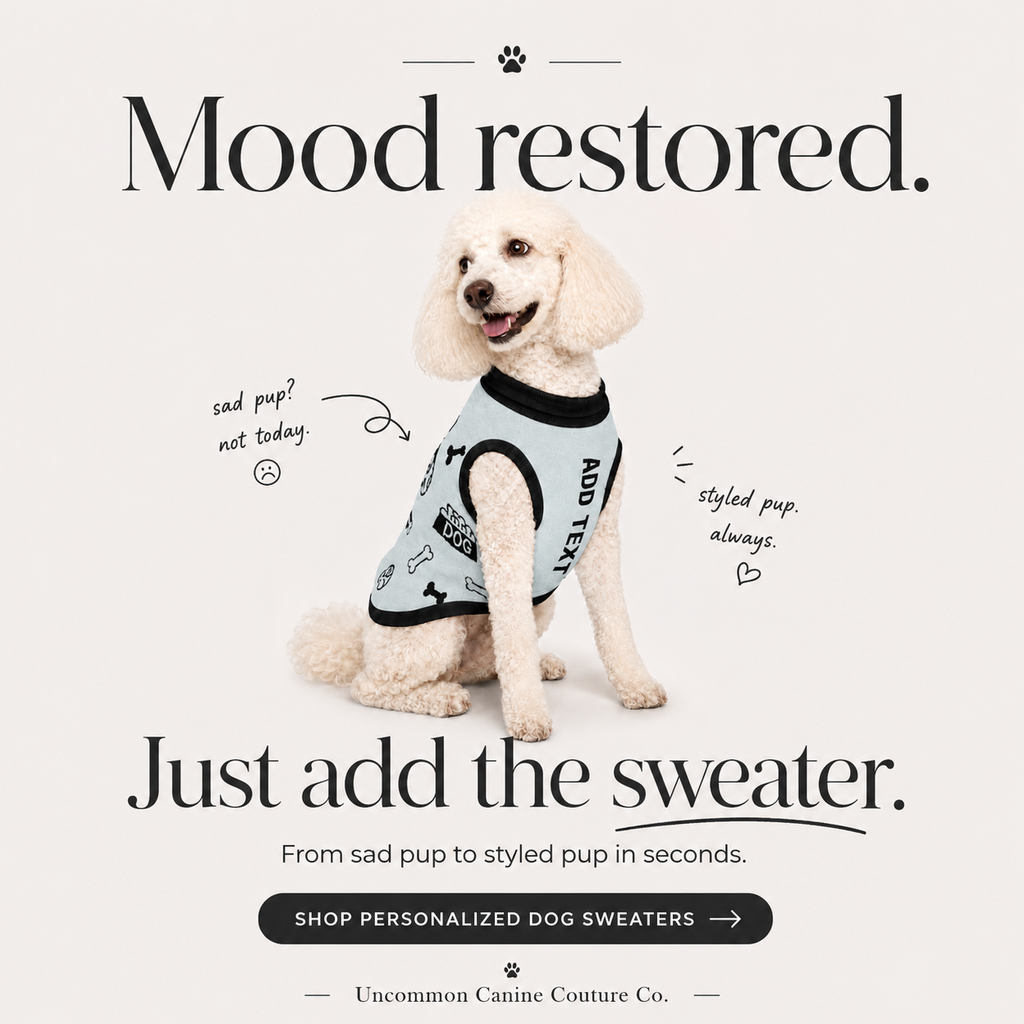 A promotional graphic for dog sweaters featuring a light blue and black personalized sweater. The dog is happy her sweater is clean